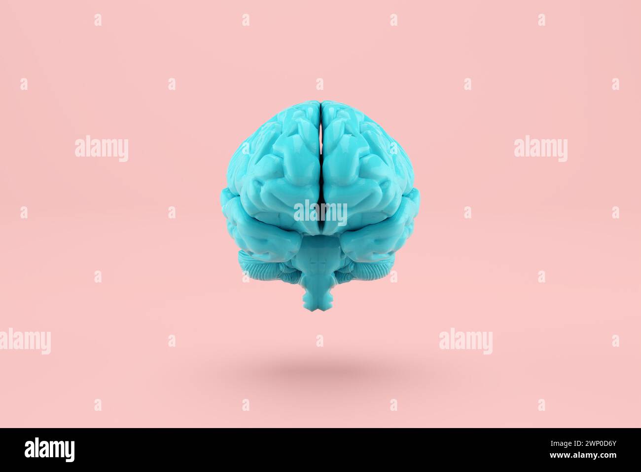 Cerveau humain de couleur bleue flottant sur fond rose. Pensée, santé mentale, neurologie et intelligence artificielle concepts. Rendu 3D. Banque D'Images