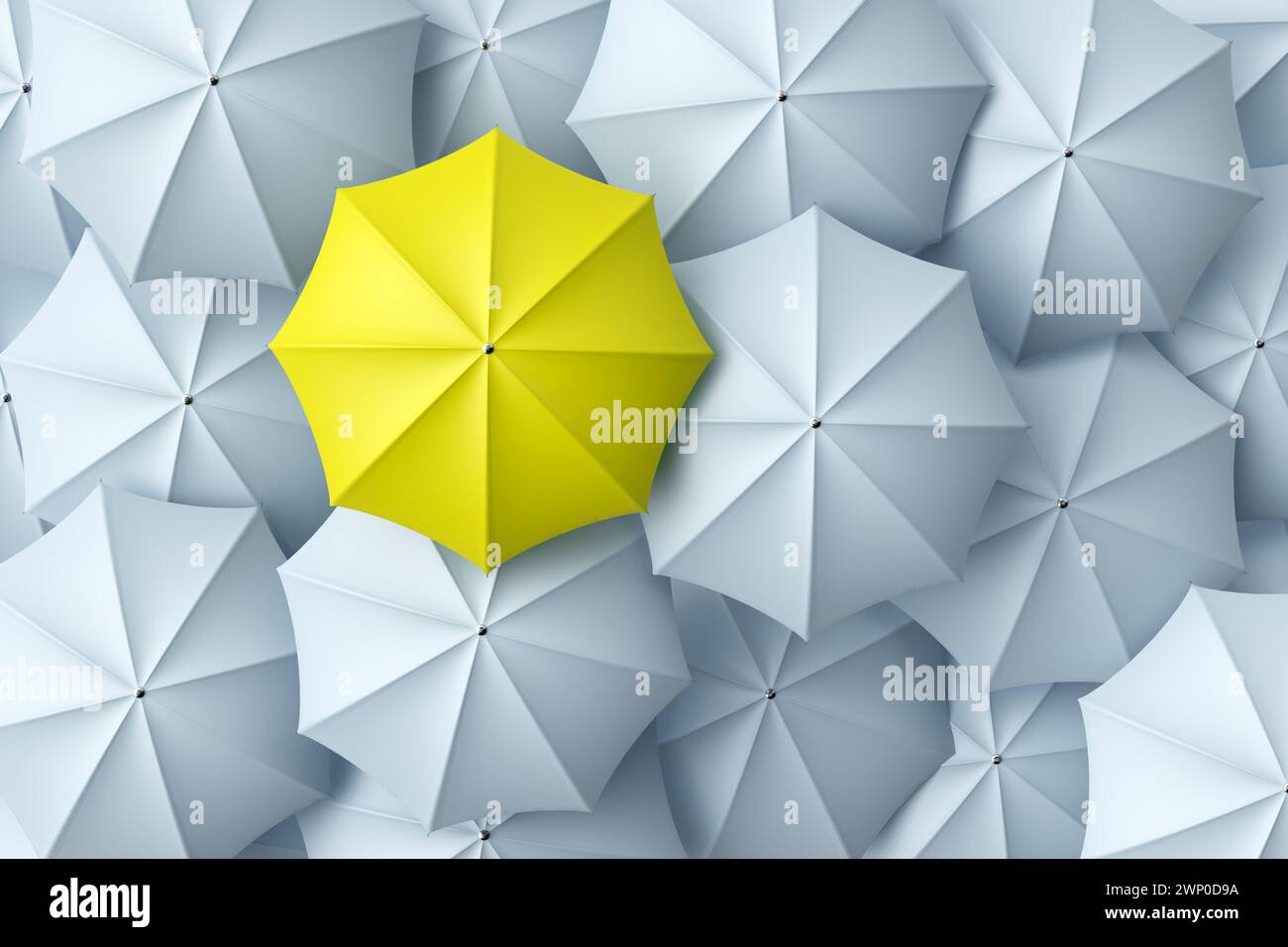 Parapluie jaune se détachant de la foule des parapluies blancs. Individualité, différence, leadership et concepts de lutte. Vue de dessus. Rendu 3D. Banque D'Images