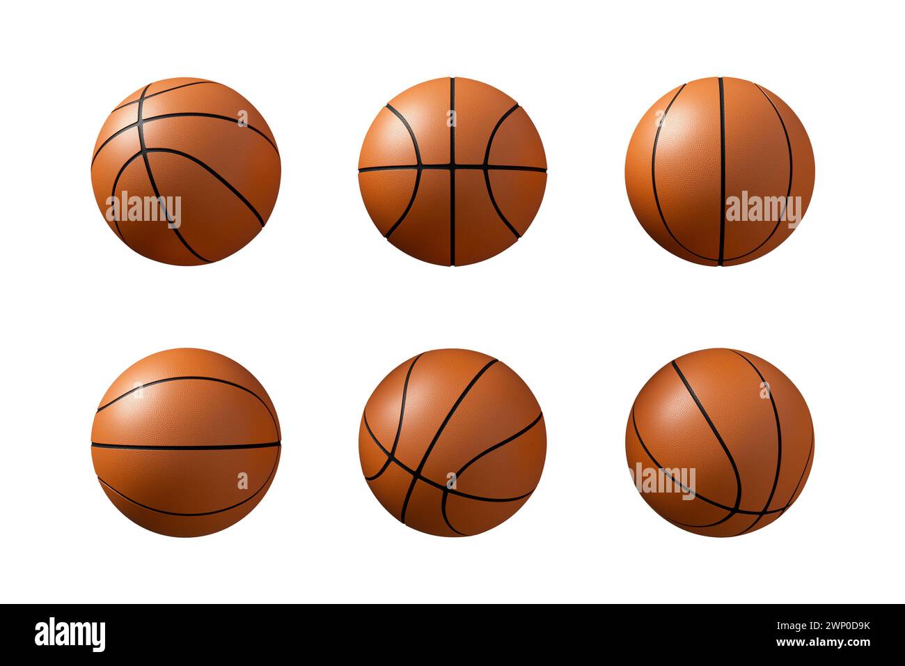 Ballon de basket-ball avec différents angles isolés sur fond blanc avec espace de copie. Rendu 3D. Banque D'Images