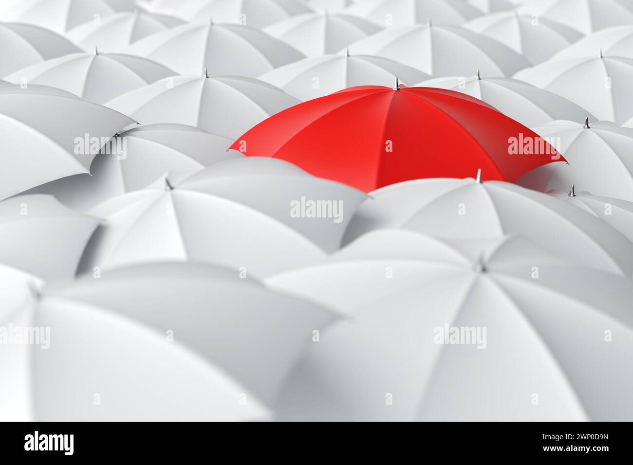 Parapluie rouge se détachant de la foule des parapluies blancs. Individualité, différence, leadership et concepts de lutte. Vue de dessus. Rendu 3D. Banque D'Images