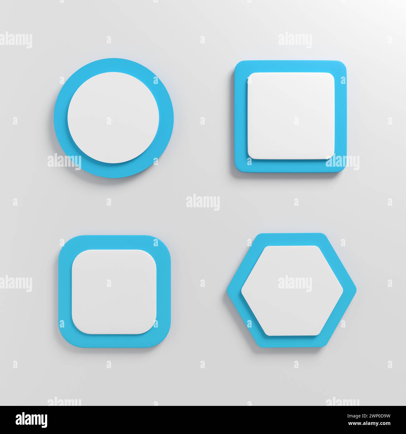 Jeu de boutons-poussoirs blancs avec cadre bleu. Boutons poussoirs ronds, carrés et hexagonaux avec ombre sur fond blanc. Rendu 3D. Banque D'Images