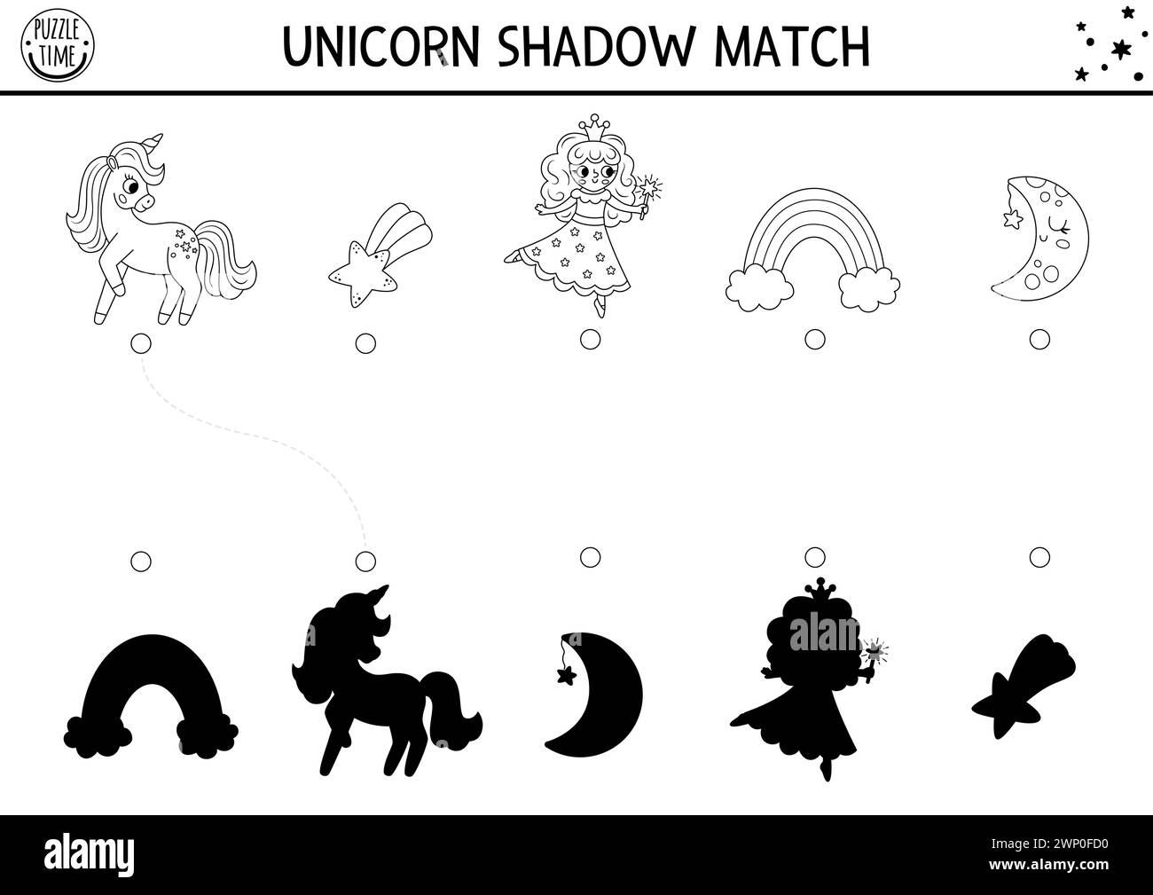 Unicorn noir et blanc ombre assortie activité avec arc-en-ciel, fée, étoile tombante. Puzzle magique du monde. Trouvez la feuille de travail imprimable de silhouette correcte, g. Illustration de Vecteur