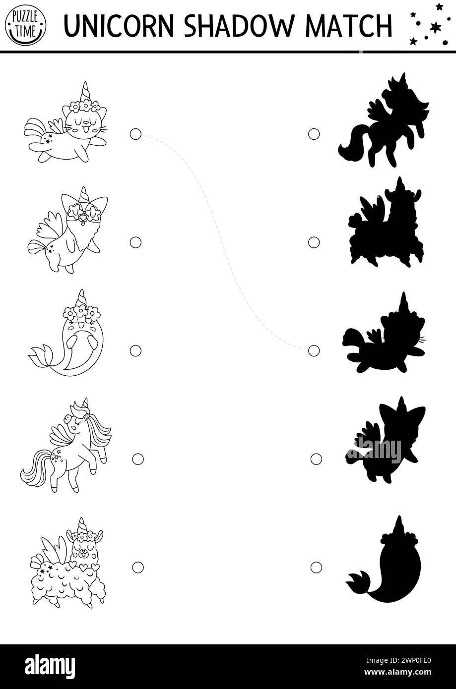 Unicorn noir et blanc ombre assortie activité avec des animaux avec des cornes. Puzzle magique du monde. Trouver la silhouette correcte feuille de travail imprimable, jeu. Fée Illustration de Vecteur