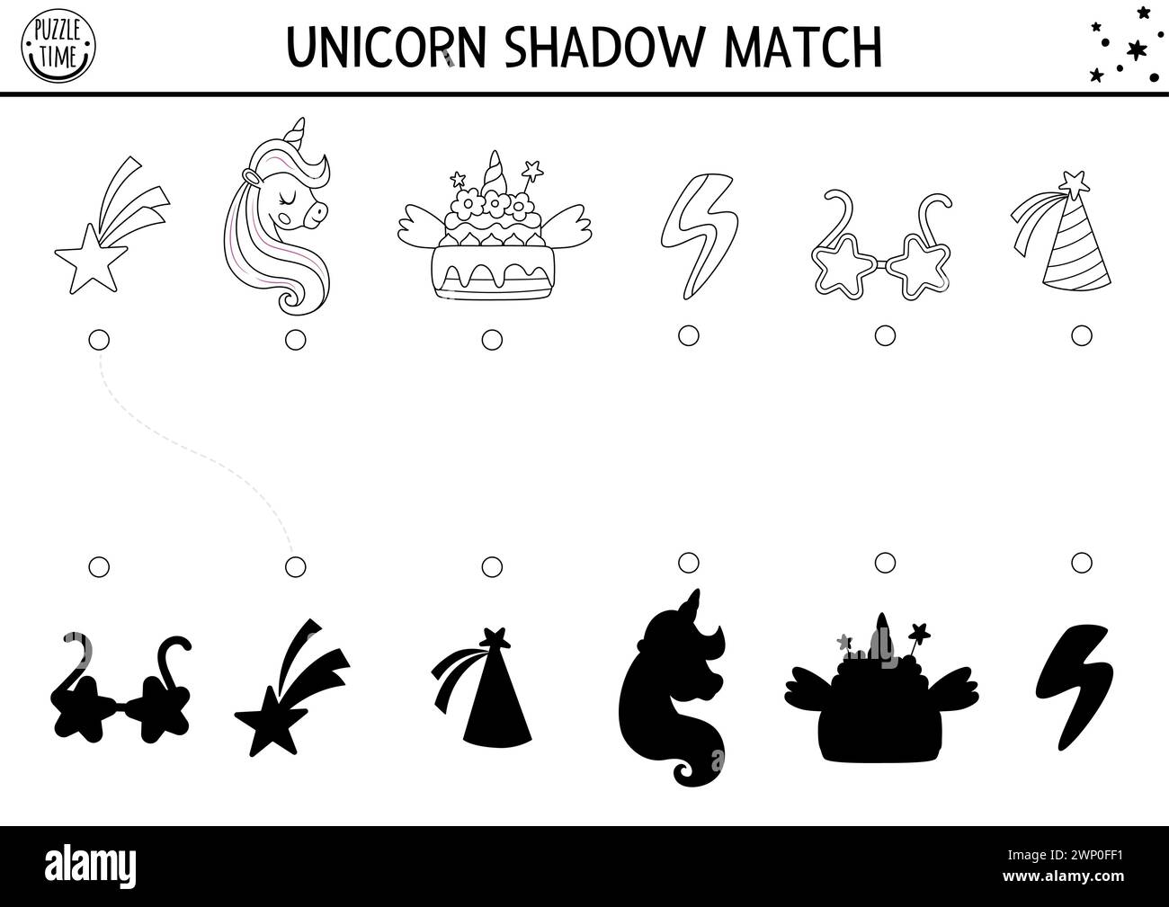 Unicorn noir et blanc ombre assortie activité avec gâteau arc-en-ciel, casquette d'anniversaire, étoile tombante. Puzzle magique du monde. Trouvez la silhouette correcte imprimable Illustration de Vecteur