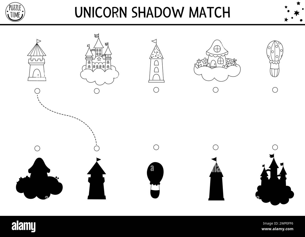 Unicorn noir et blanc ombre assortie activité avec château, maison de fées sur nuage, tours. Puzzle magique du monde. Trouvez le travail imprimable de silhouette correct Illustration de Vecteur