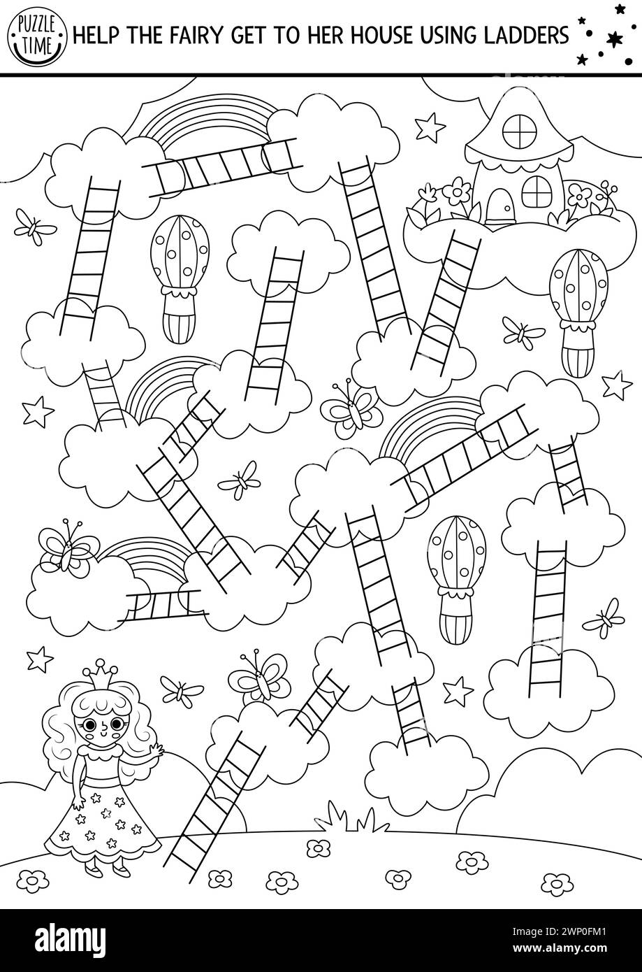 Labyrinthe de licorne pour les enfants avec petite princesse, arc-en-ciel. Activité imprimable préscolaire Magic World. Jeu de labyrinthe de conte de fées noir et blanc, puzzle ou col Illustration de Vecteur