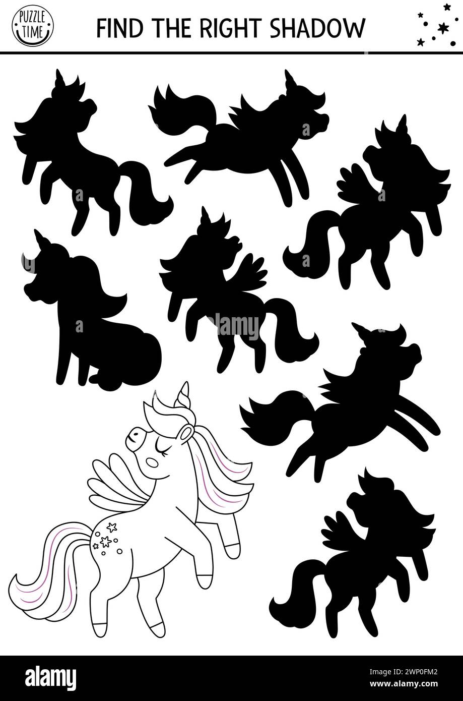 Unicorn ombre activité assortie avec cheval avec corne, ailes. Puzzle noir et blanc du monde magique avec caractère. Trouvez la silhouette correcte imprimable WOR Illustration de Vecteur