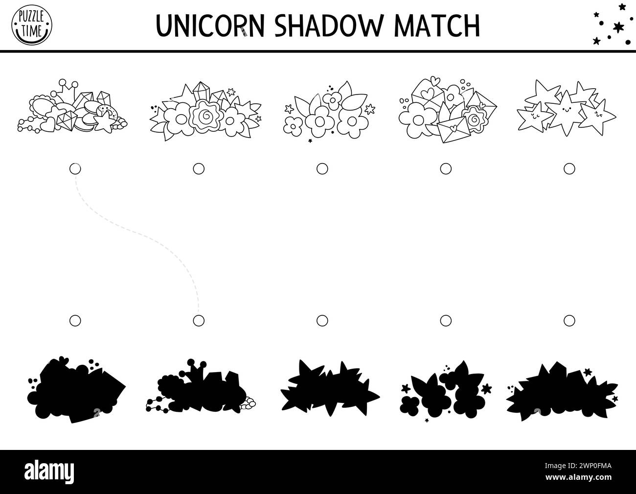 Ombre de licorne noir et blanc assortie d'activité avec des trésors. Puzzle magique du monde avec pierre précieuse, cristal, fleur, étoile. Trouvez la silhouette correcte PRI Illustration de Vecteur