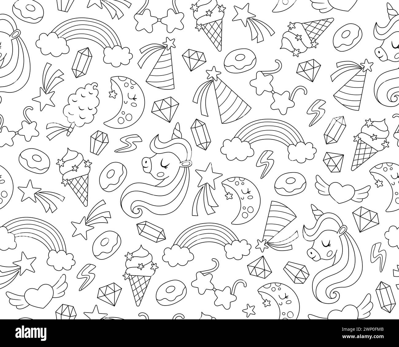 Vecteur noir et blanc modèle sans couture pour la fête d'anniversaire licorne. Répéter le fond avec étoile tombante, cristal, beignet, arc-en-ciel, bonbons. Fantaisie o Illustration de Vecteur