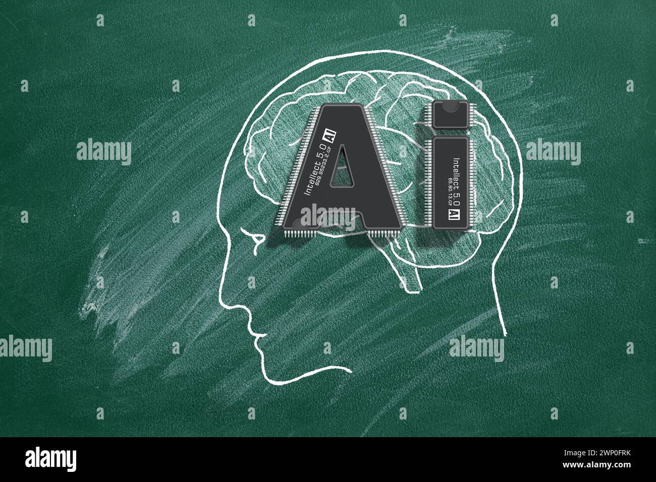 Deux micropuces sous la forme des lettres IA intégrées au cerveau humain représentent la fusion de pointe de la technologie et de la cognition. Artificiel Banque D'Images