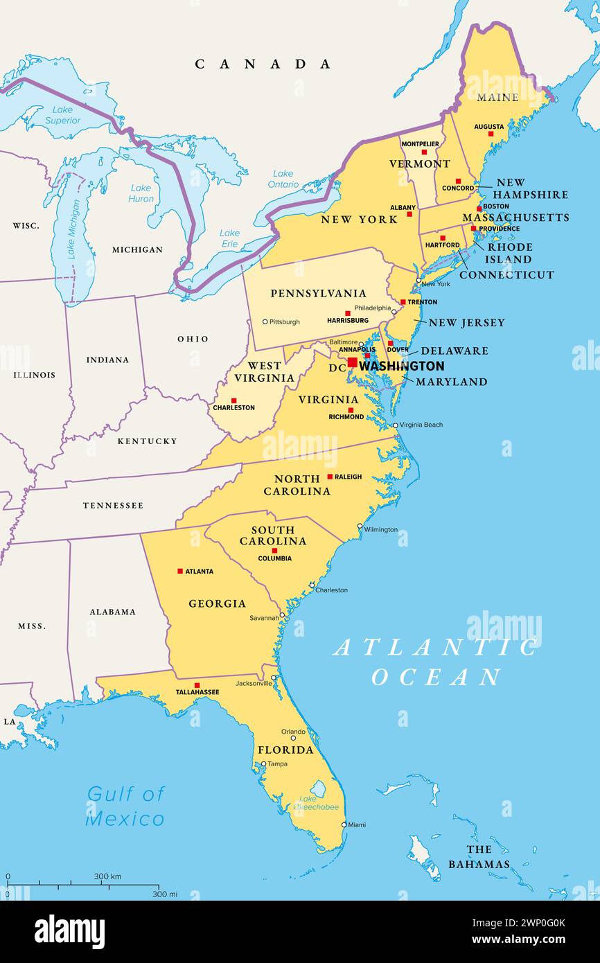 Carte politique de la côte est des États-Unis. états de la côte atlantique dont le littoral sur l'océan Atlantique est en jaune, états faisant partie de la côte est en jaune clair. Banque D'Images