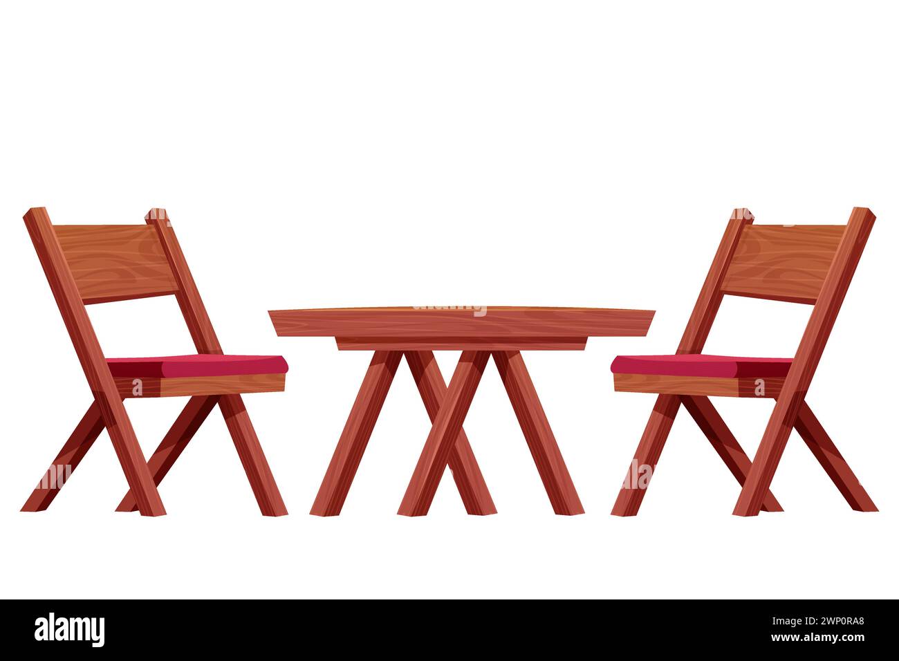 Table de pique-nique avec chaise ensemble de meubles en bois, bureau en bois avec construction rustique de jambe dans le style de bande dessinée isolé sur fond blanc. Table basse texturée en bois comique. Illustration vectorielle Illustration de Vecteur