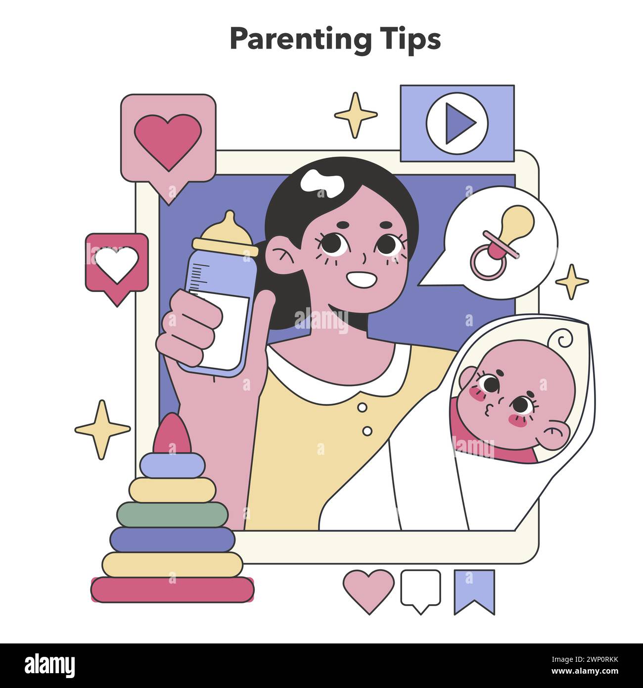 Ensemble de conseils familiaux. Partager des conseils nourrissants et des soins aux nourrissons par le biais des médias numériques. Joies de la maternité et développement de la petite enfance. Illustration vectorielle plate Illustration de Vecteur