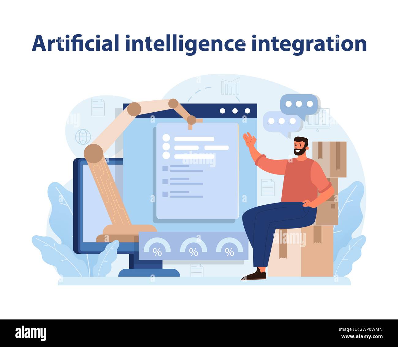 Intégration de l'intelligence artificielle. Homme interagissant avec l'IA et l'analyse de données dans un environnement de vente au détail, améliorant l'efficacité opérationnelle. Illustration vectorielle plate. Illustration de Vecteur