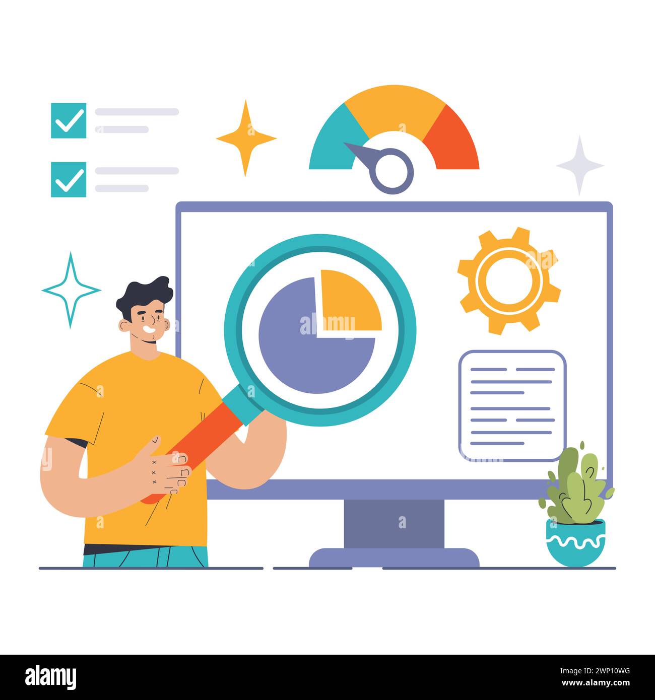 Concept d'analyse de situation. L'homme scrute le graphique circulaire sur le moniteur, les engrenages churn, checklist en jeu. Analyse approfondie des données, mesures en temps réel, décisions éclairées. Illustration vectorielle plate Illustration de Vecteur