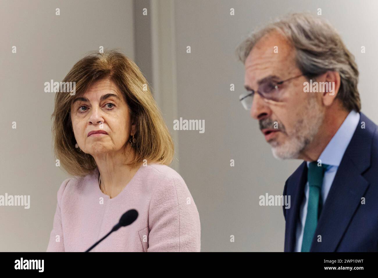 Banca March CFO Nieves Vila and Banca March CEO José Luis Acea during the presentation of its 2023 results, as of March 5, 2024, in Madrid, Spain. Corporación Financiera Alba reported consolidated net income of 235 million euros in 2023, compared to 436 million euros the previous year. The share price ended the year at 48 euros per share, an 11.2% increase over the year. 05 MARCH 2024 Carlos Luján / Europa Press 03/05/2024 (Europa Press via AP) Banque D'Images