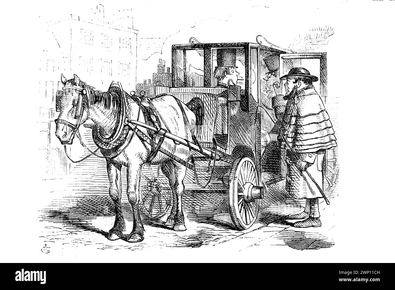 Très accommodant, les hommes fument à Hansom Cab, dessin animé de 1852 Punch Magazine Banque D'Images