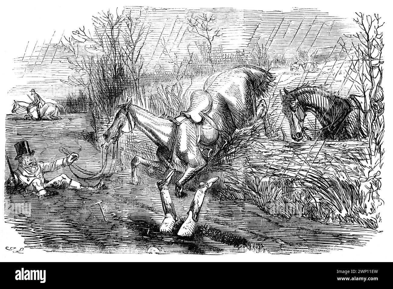 Sporting Intelligence, bande dessinée montrant l'incident de chasse de John Leech de 1852 Punch Magazine. Le pays est terriblement profond, mais la chute est ravissante Banque D'Images