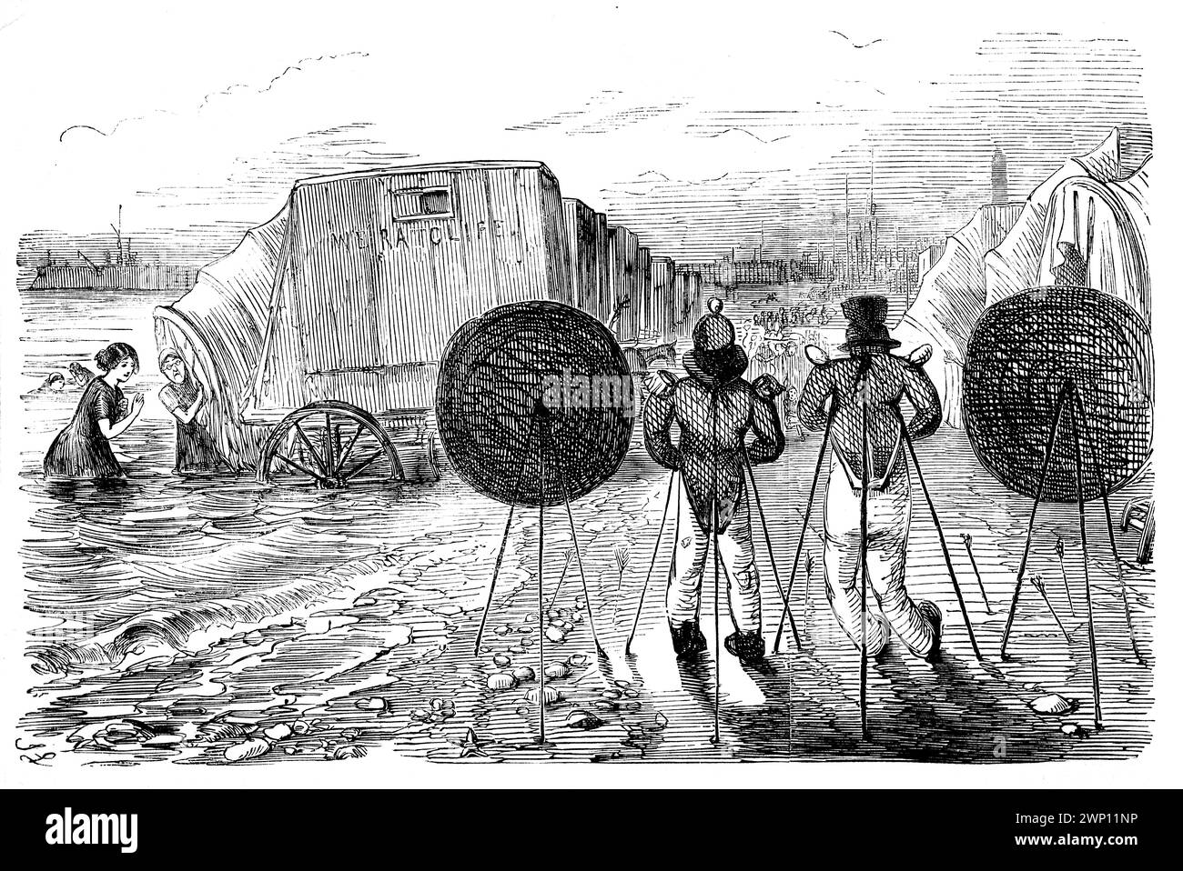 A Sketch a Ramsgate, dessin animé de machines de bain en mer, avec des femmes baigneurs regardant des cibles de tir à l'arc sur la plage, 1852 Punch Magazine de John Leech Banque D'Images