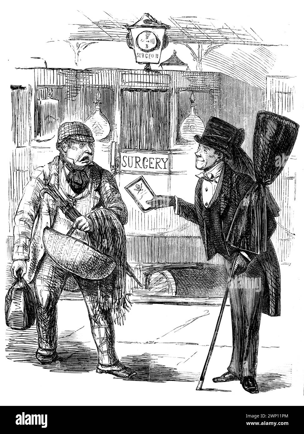 Voyage en chemin de fer, l'entrepreneur passant une carte de visite au passager au caricature de voiture du chirurgien de Railways, de 1852 Punch Magazine Banque D'Images