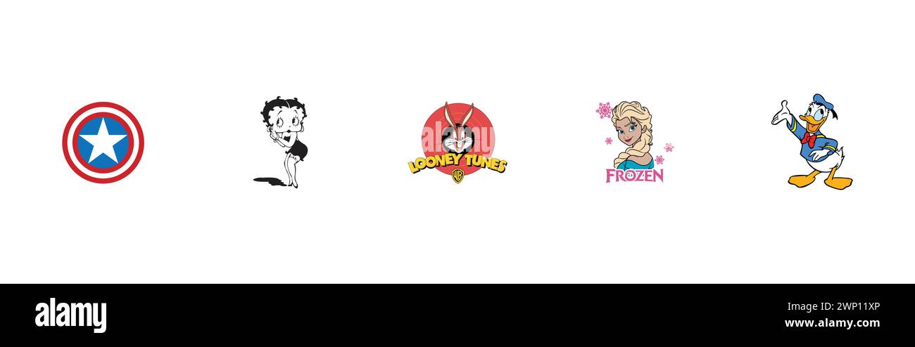 Betty Boop, Frozen, Looney Tunes, Donald Duck, Captain America Shield. Collection de logos d'arts et de design la plus populaire. Illustration de Vecteur