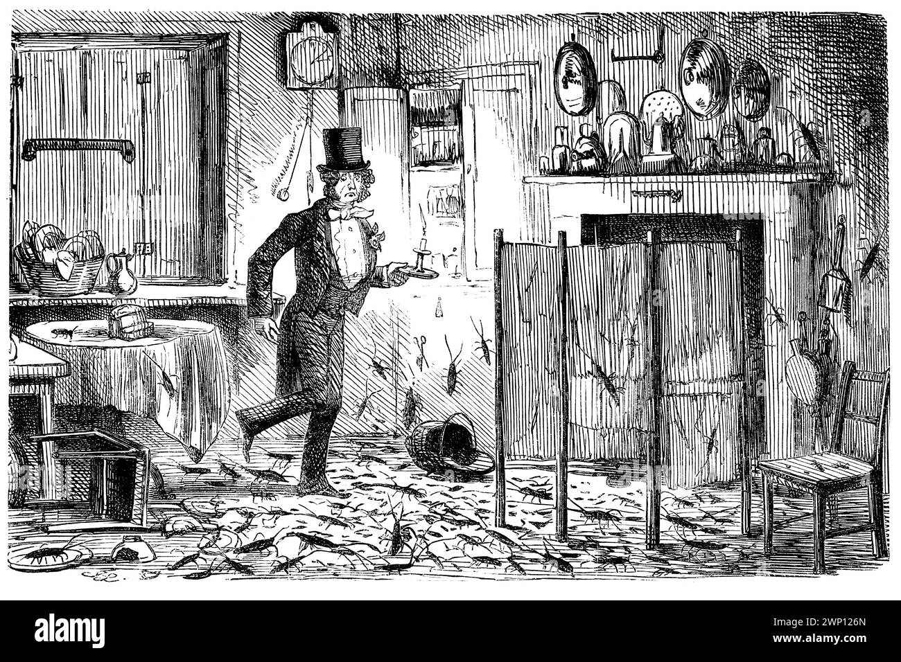 Horrible incident dans la vraie vie, dessin animé de l'homme allant dans la cuisine pour voir l'infestation de cafards de 1852 Punch Magazine Banque D'Images