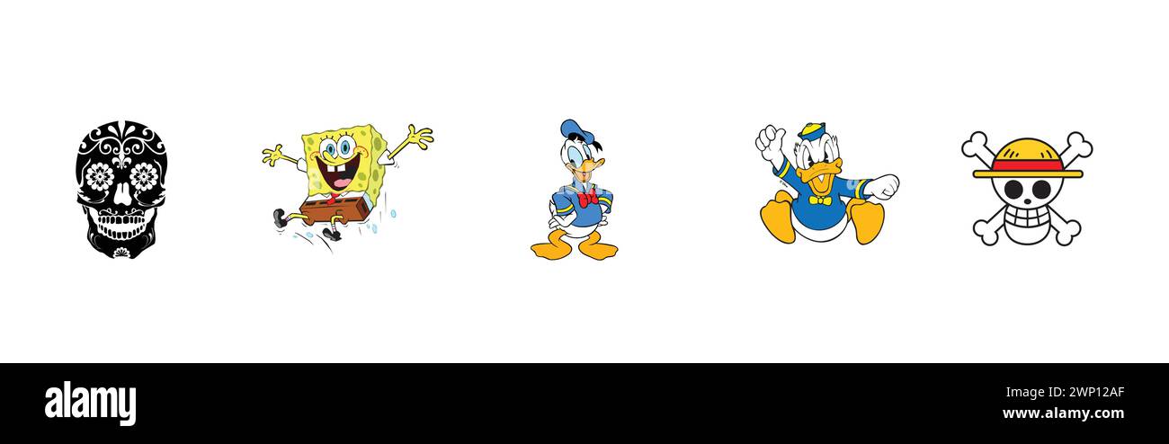 Donald Duck, Spongebob Squarepants, crâne mexicain, One Piece - drapeau Mugiwara, doux Donald Duck. Collection de logos d'arts et de design la plus populaire. Illustration de Vecteur