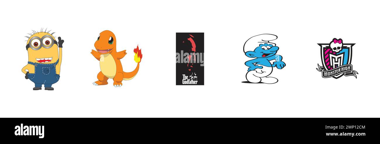 Le parrain, le smurf, Monster High, Minion, Charmander. Collection de logos d'arts et de design la plus populaire. Illustration de Vecteur