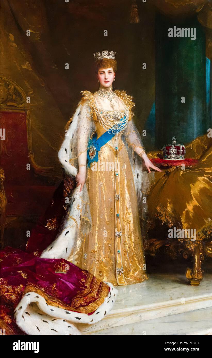 Reine Alexandra (1844-1925) Reine consort du Royaume-Uni 1901-1910 (en tant qu'épouse du roi Édouard VII) dans robes de couronnement, portrait peint à l'huile sur toile par Sir Samuel Luke Fildes, 1905 Banque D'Images