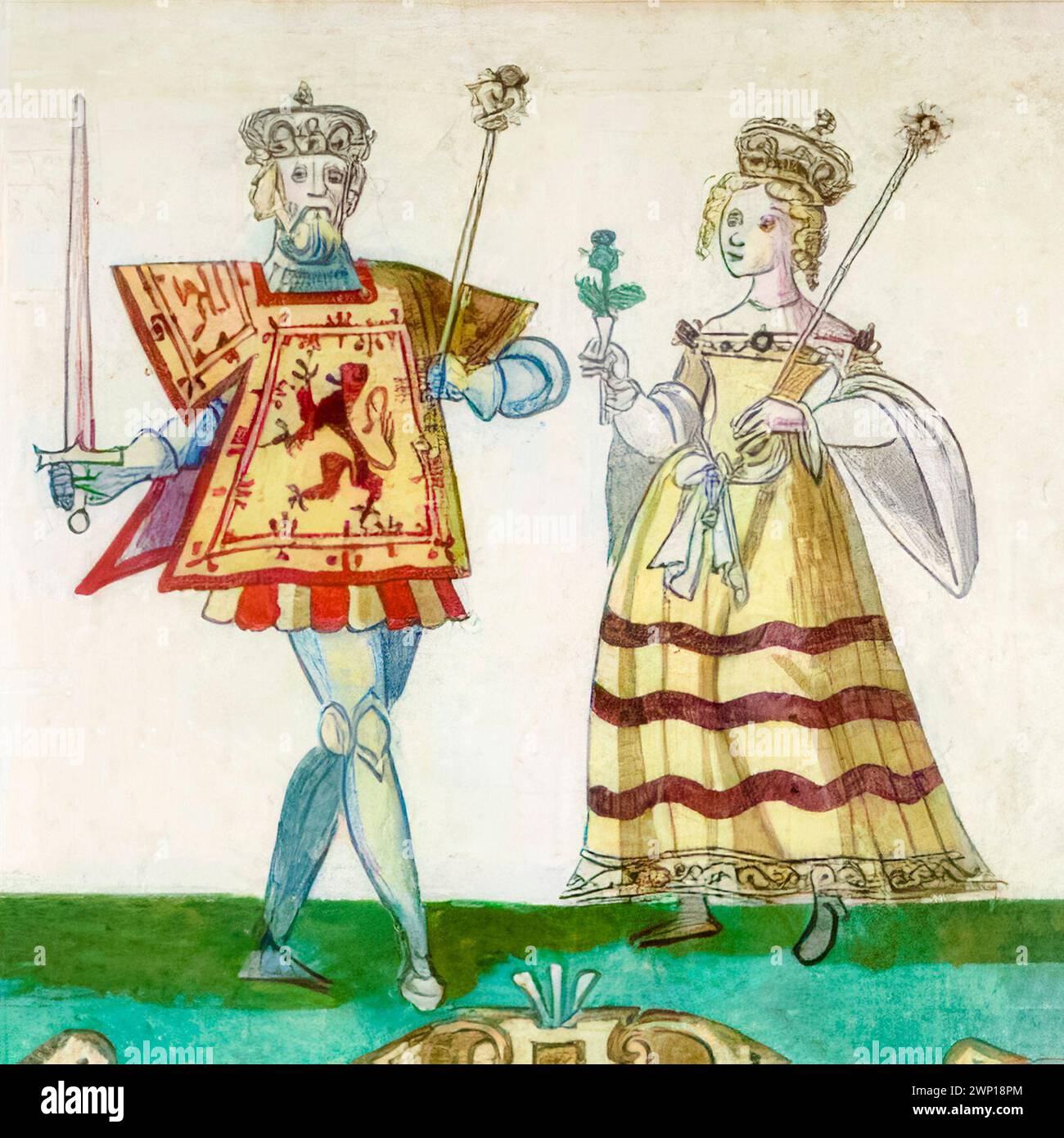 Robert III d'Écosse (vers 1337-1406) né John Stewart, roi d'Écosse 1390-1406 avec son épouse Anabella Drummond (vers 1350-1401), reine épouse d'Écosse 1390-1401, peinture manuscrite enluminée de portrait, vers 1562 Banque D'Images