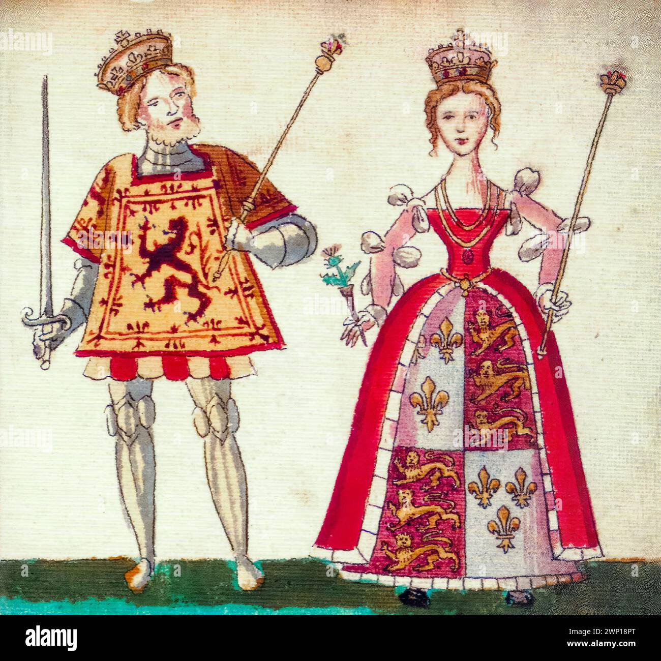 Jacques Ier d'Écosse (1394-1437) Roi d'Écosse (1406-1437), avec son épouse Joan Beaufort (vers 1404-1445) Reine épouse d'Écosse (1424-1437) et Reine Régent d'Écosse (1437-1439), peinture manuscrite enluminée de portrait, vers 1562 Banque D'Images