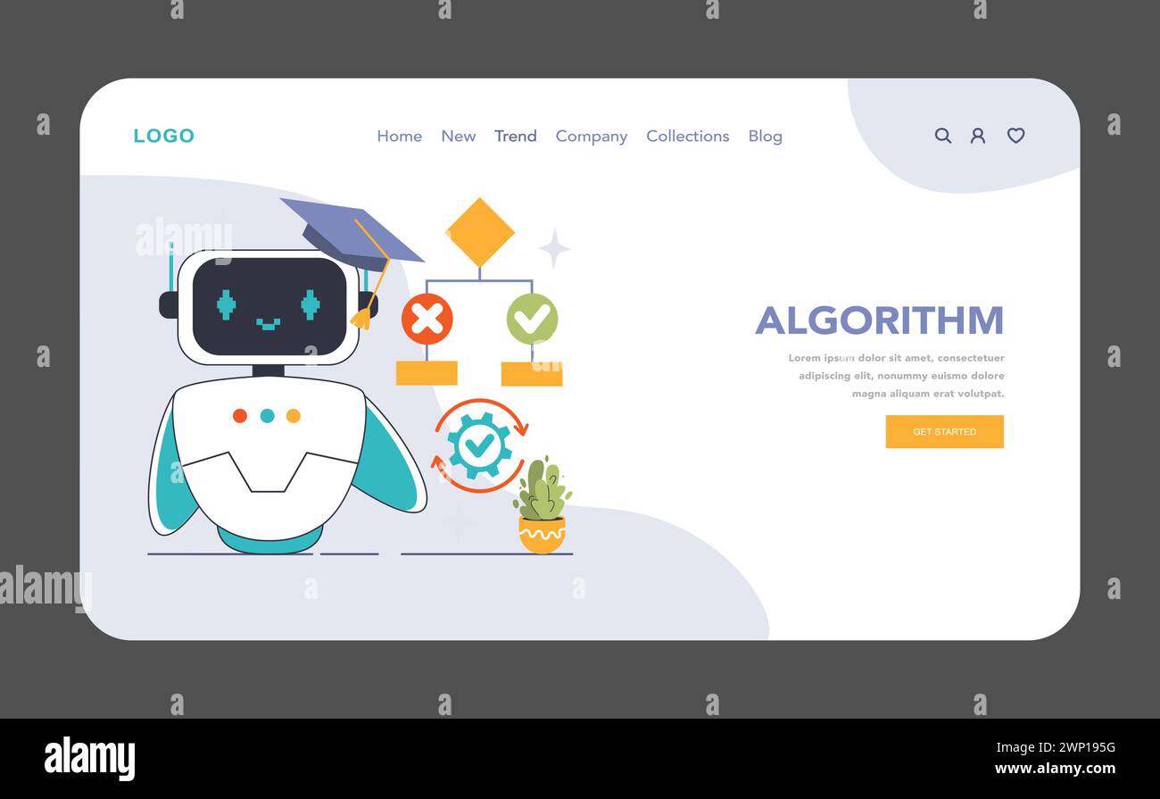 Concept d'algorithme. Un robot amical avec un chapeau de graduation représente l'aspect apprentissage de l'IA, à côté d'un organigramme avec des chemins de décision. Illustration vectorielle plate Illustration de Vecteur