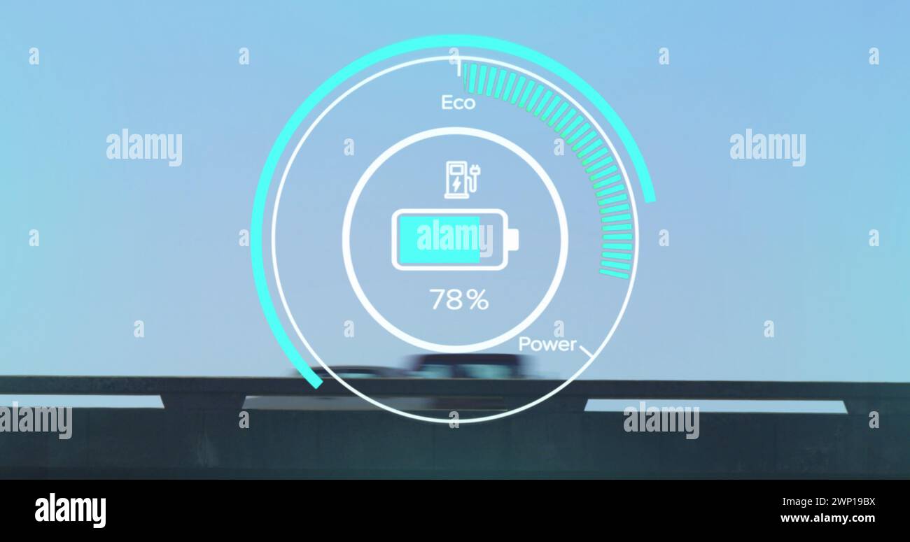 Illustration de l'interface avec l'icône de charge de la batterie et le compteur de vitesse sur route Banque D'Images