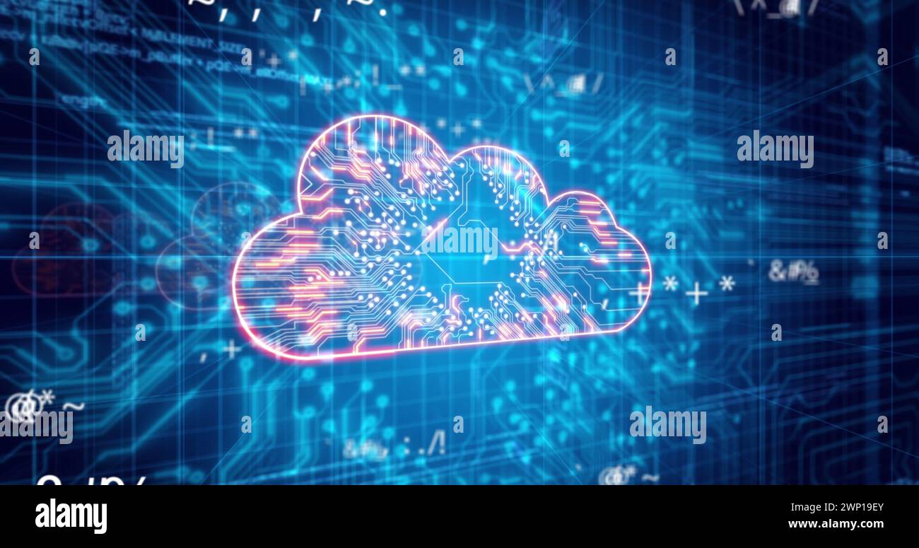 Image de nuage numérique, symboles mathématiques et circuit intégré sur fond bleu Banque D'Images