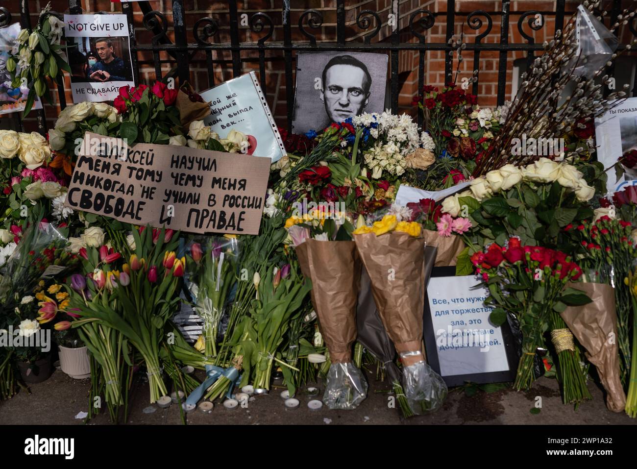 Londres, Royaume-Uni. 5 mars 2024. Des fleurs et des hommages continuent d'être placés en face de l'ambassade de Russie dans l'ouest de Londres pour le militant de l'opposition russe Alexi Navalny, décédé en prison le 16 février. L'Occident et ses partisans disent que Navalny a été assassiné et tient le gouvernement russe responsable. Crédit : Guy Corbishley/Alamy Live News Banque D'Images