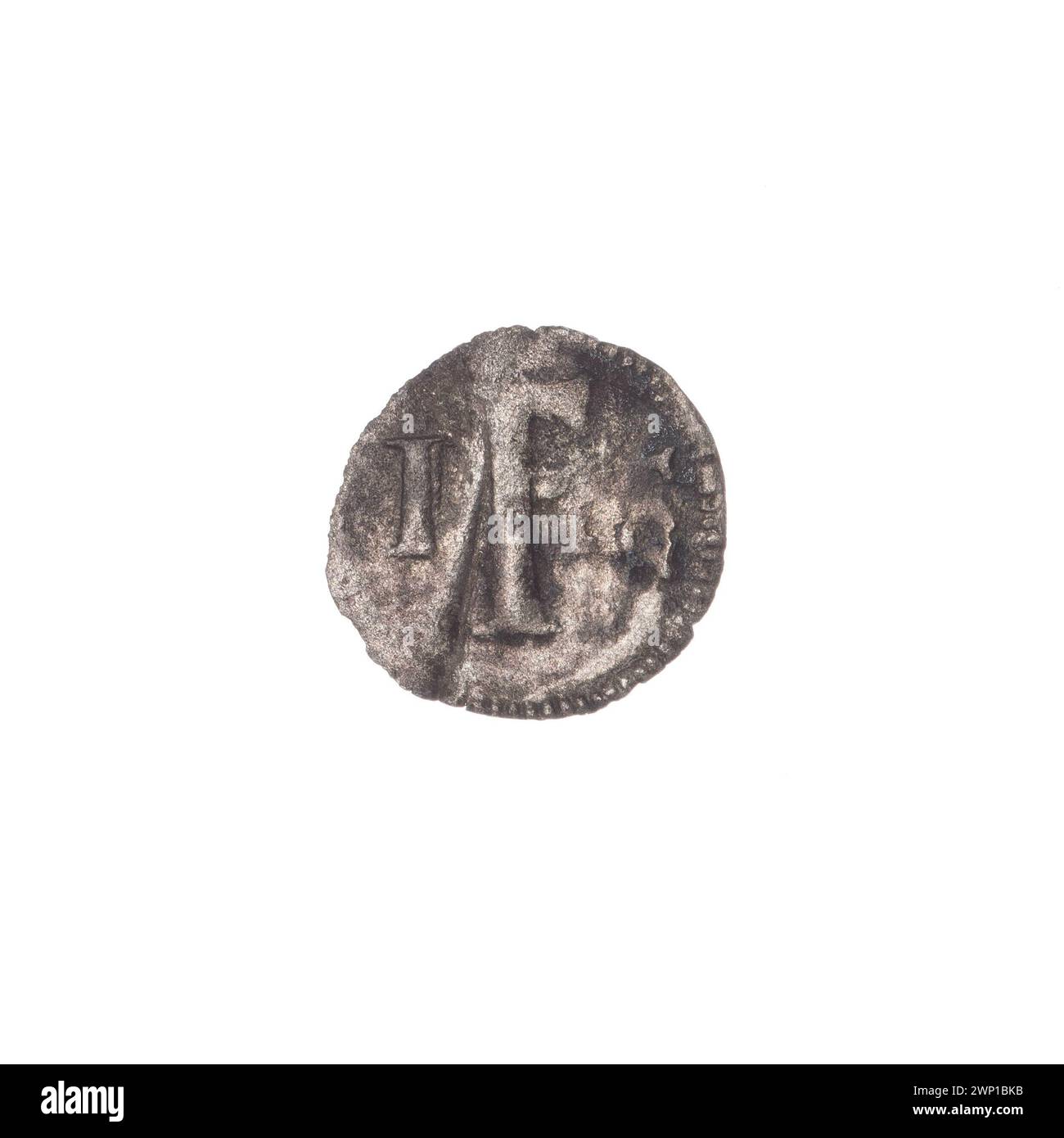 Pièce heller silésienne du XVe siècle représentant la lettre F, les lettres I-E et le motif aigle de Silésie. Banque D'Images