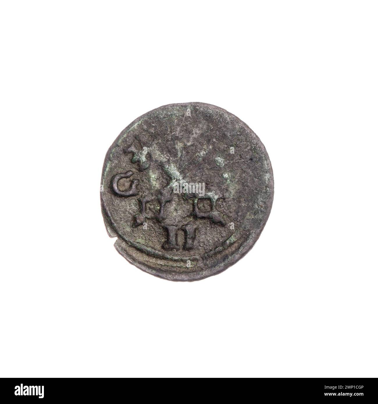 Cette pièce de 2 Halers de Legnica a été émise pendant le règne de Jerzy Rudolf (1595-1653) et conçue par Georg Heinecke (actif 1622-1623). Il représente les armoiries Legnica, les clés, la lettre l, les lettres G à H, et est une pièce de monnaie de ville à un côté. Banque D'Images