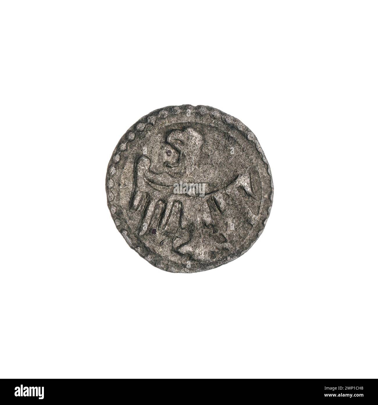Ce heller du XVe siècle représente Saint Pierre avec des clés et l'aigle de Silésie, typique des pièces de monnaie de ville silésiennes. Banque D'Images