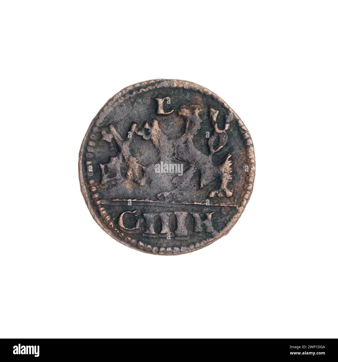 La pièce de 3 Haler de Legnica a été frappée sous Jerzy Rudolf (1595-1653) avec Georg Heinecke comme designer (actif 1622-1623). Il montre les armoiries de la ville avec un lion tenant les clés, la lettre l, et les lettres G à H. C'est une pièce de monnaie de ville à un côté. Banque D'Images
