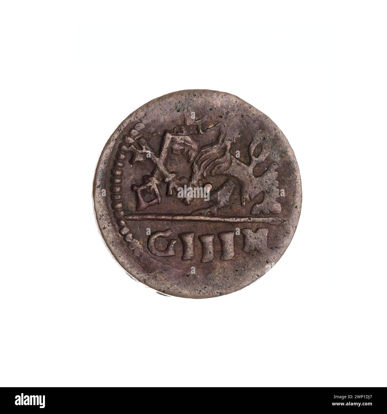 Cette pièce de monnaie de 3 Haler de Legnica représente les armoiries avec un lion tenant les clés, comprend la lettre l et les lettres G à H, et a été produite pendant le règne de Jerzy Rudolf (1595-1653) par Georg Heinecke (actif 1622-1623). C'est une pièce de ville unilatérale. Banque D'Images