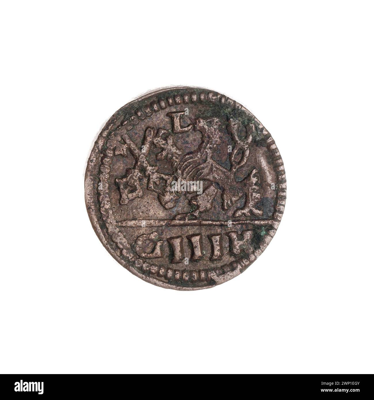 La pièce de 3 Haler de Legnica a été frappée sous Jerzy Rudolf (1595-1653) et conçue par Georg Heinecke (actif 1622-1623). Il comporte les armoiries de Legnica, un lion tenant les clés, la lettre l et les lettres G à H. il s'agit d'une pièce de monnaie de ville à un côté. Banque D'Images