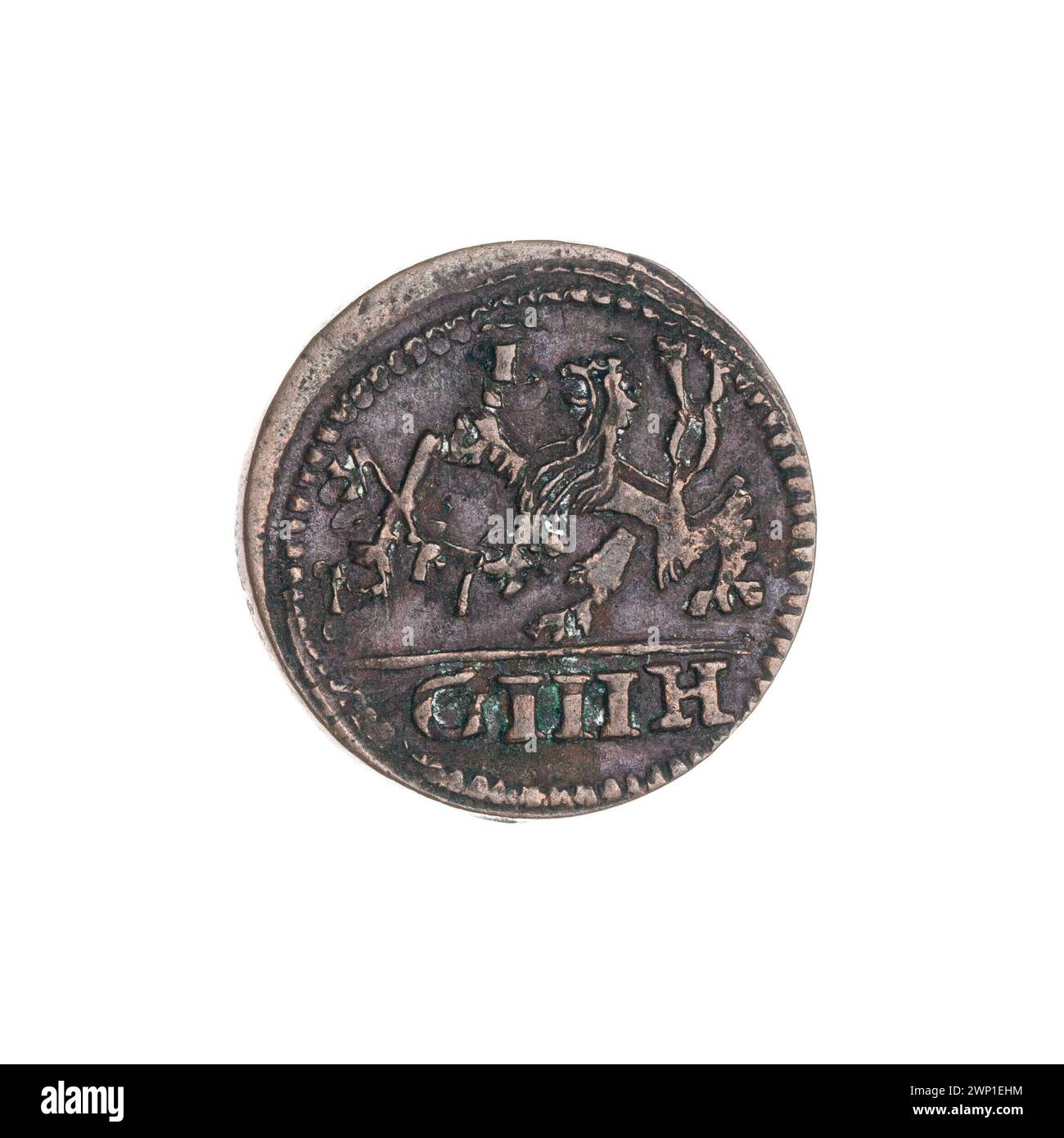 Cette pièce de monnaie de 3 Haler de Legnica montre les armoiries avec un lion tenant les clés, la lettre l, les lettres G à H, et a été émise pendant le règne de Jerzy Rudolf (1595-1653) par Georg Heinecke (actif 1622-1623). C'est une pièce de ville unilatérale. Banque D'Images