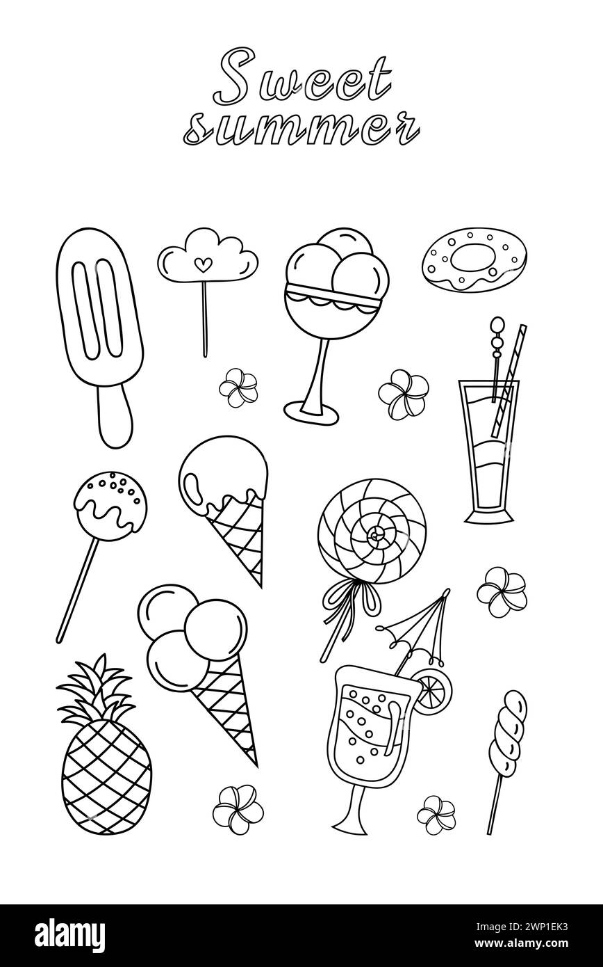 Coloriage pour la créativité des enfants comprend crème glacée d'été douce et autres friandises dans Un livre de coloriage Illustration de Vecteur