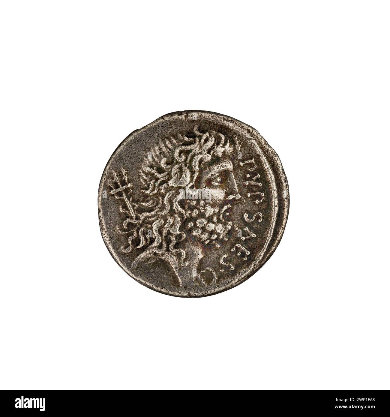 Ce denarius de 60 av. J.-C. de P. Plautius Hypsaeus représente Jupiter sur un quadriga, Neptune avec sa tête, des chevaux, des éclairs, des scorpions et des tridents, avec provenance notée. Banque D'Images