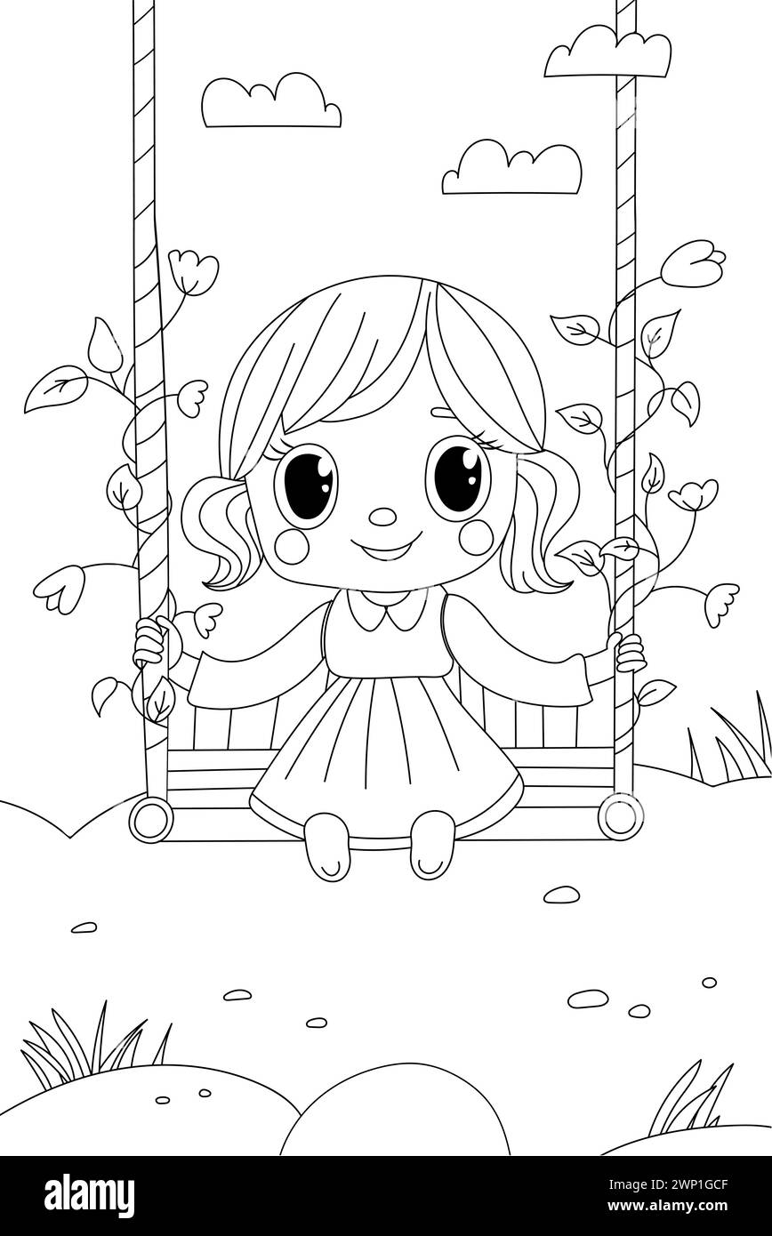 Coloriage pour la créativité des enfants Features Girl on Swing in Coloring Book Illustration de Vecteur