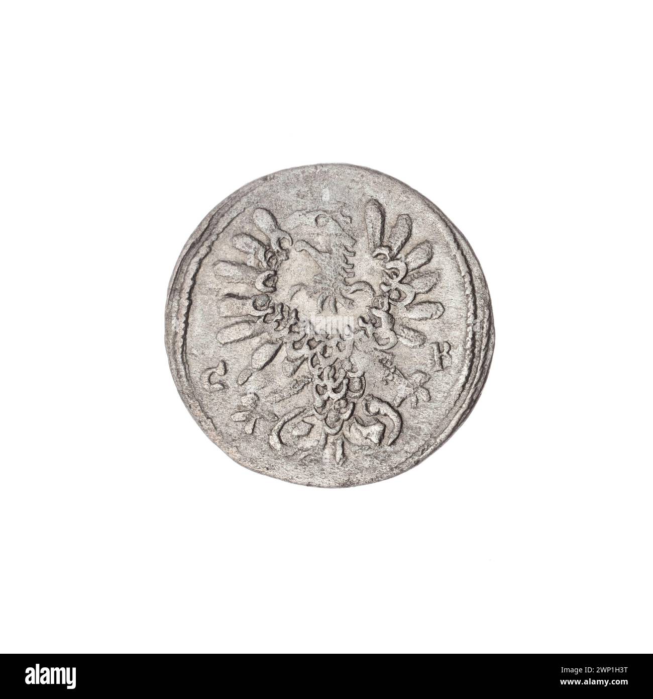 1673 penny représentant Ludwika Anhalcka, régente de Legnica-Brzeska, conçu par Christoph Brettschneider. Armoiries de Legnica et de Brest, aigle de Silésie, lettres C-B, boucliers héraldiques sous la mitre du prince et provenance enregistrée. Banque D'Images