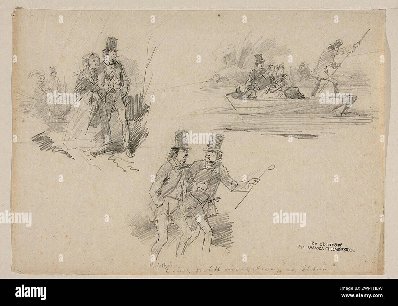 Croquis d'un voyage en banlieue ; Pillati, Henryk (1832-1894) ; vers 1858 (1855-00-1860-00-00) ; Chełmiński, Tomasz (CA 1896-1940) - collection, Chrząński, Teodor (1821-1887) - collections, pillati, Henryk (1832-1894) - iconographie, autoportraits, cadeau (provenance), scènes de genre, promenades Banque D'Images