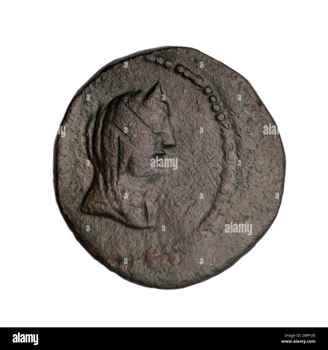 Une pièce de monnaie brune de Fanagoria, datant de la fin du premier siècle av. J.-C. La pièce illustre Aphrodite et Aphrodite Urania, y compris des têtes de femmes en diadèmes et voiles, ainsi que des navires, des prora et des balles. Une partie de la collection Terlecki, acquise par achat. Banque D'Images