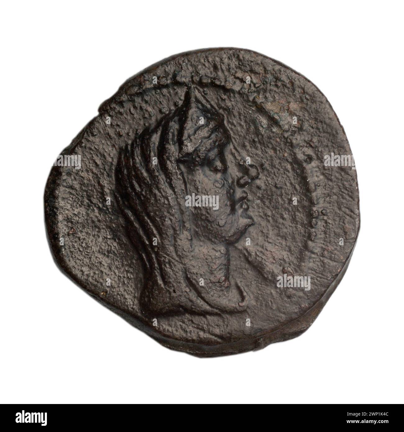 Une pièce de monnaie brune de Fanagoria, à la fin du Ier siècle av. J.-C., illustrant la tête d’Aphrodite Urania et de navires, conservée dans la collection d’Ignacy Terlecki. Banque D'Images