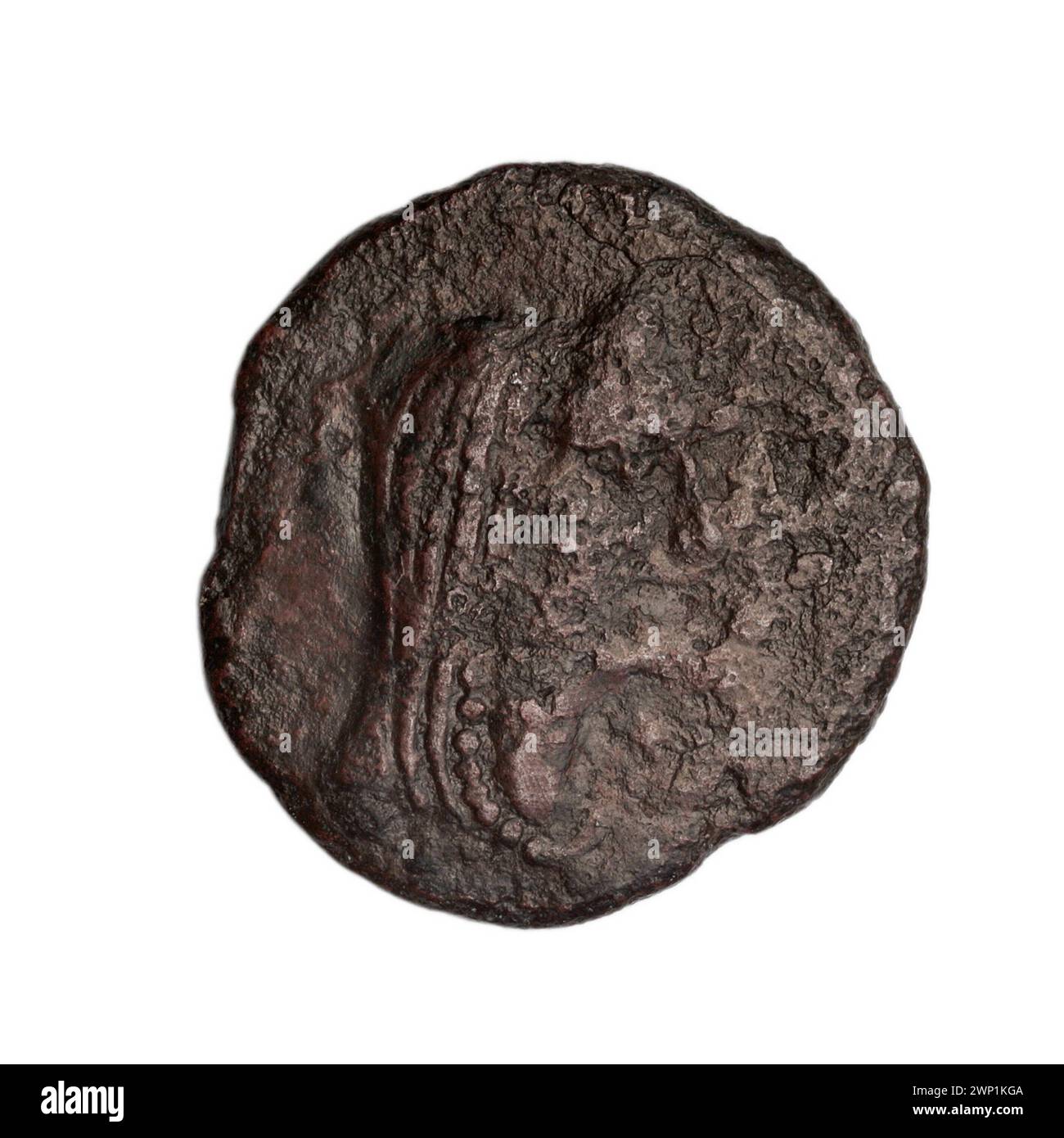 Pièce brune de Fanagoria datant de la fin du Ier siècle av. J.-C., montrant Aphrodite et Aphrodite Urania. Il représente des têtes féminines avec des diadèmes et des voiles, des navires, des prora et des balles. Une partie de la collection Terlecki, acquise par achat. Banque D'Images